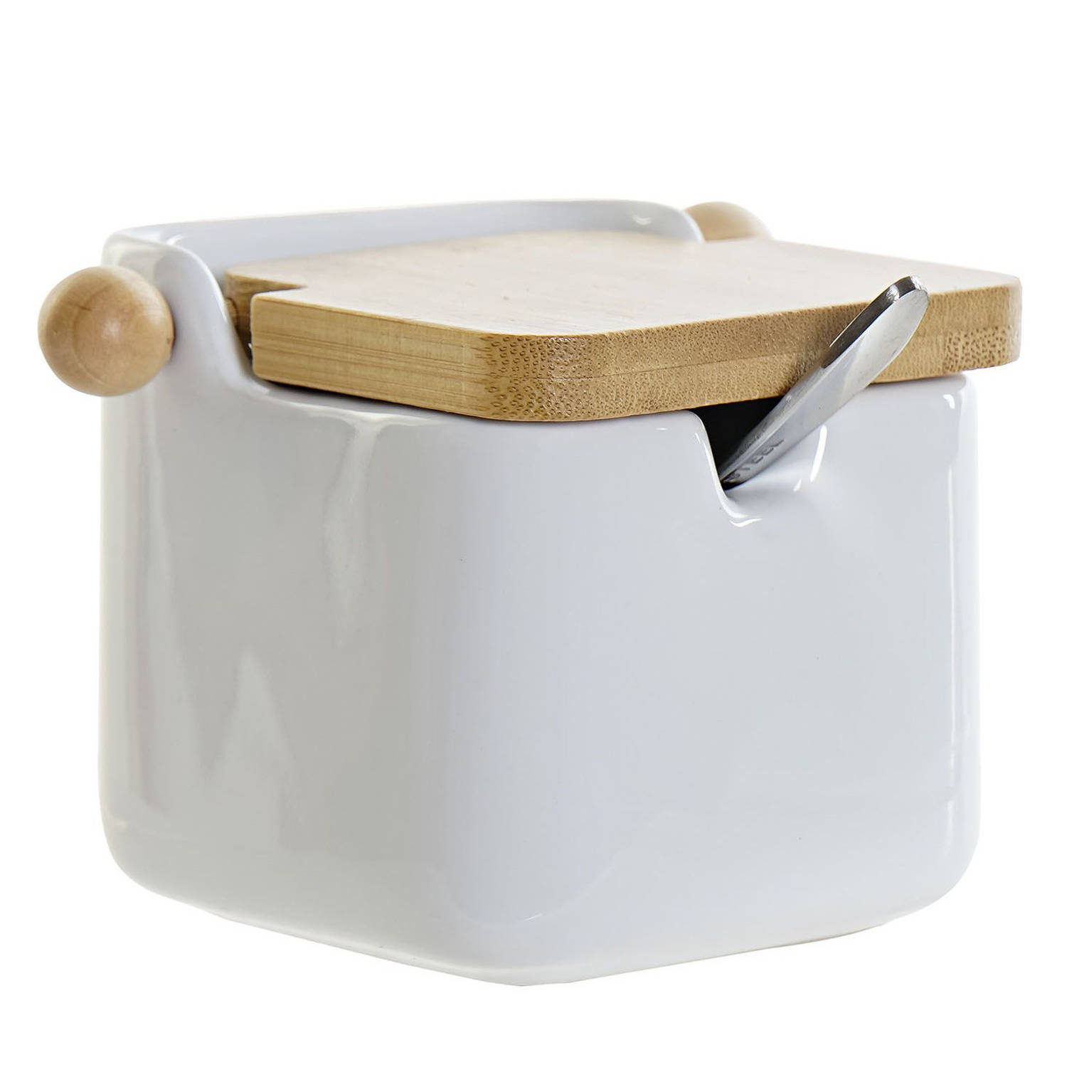 Suikerkom / suikerpotje wit keramiek met lepel en bamboe houten deksel 8 x 10,5 cm - Suikerstrooiers