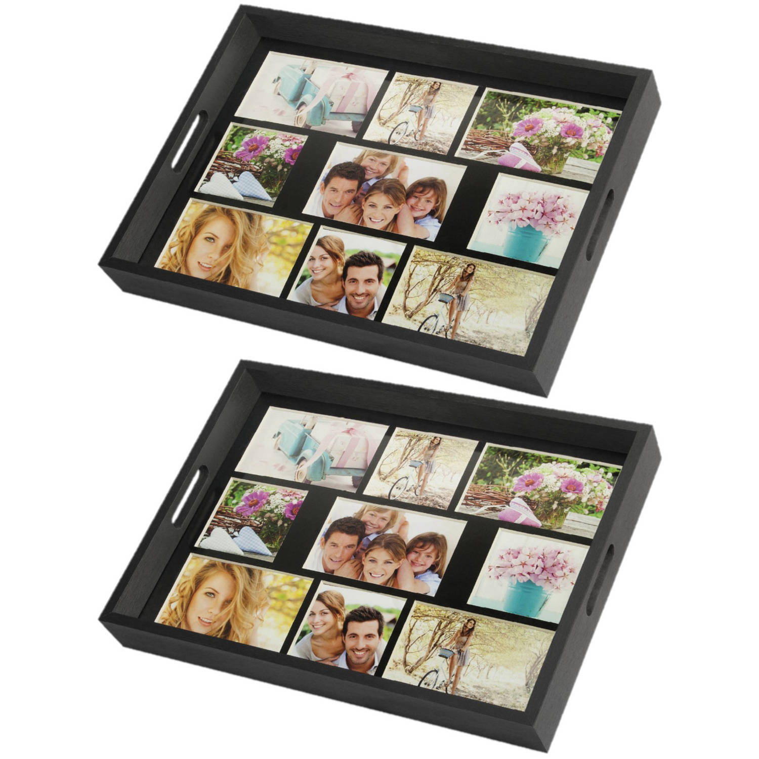 2x stuks houten foto dienblad zwart 45 x 35 cm met 9 foto in diverse maten - Dienbladen