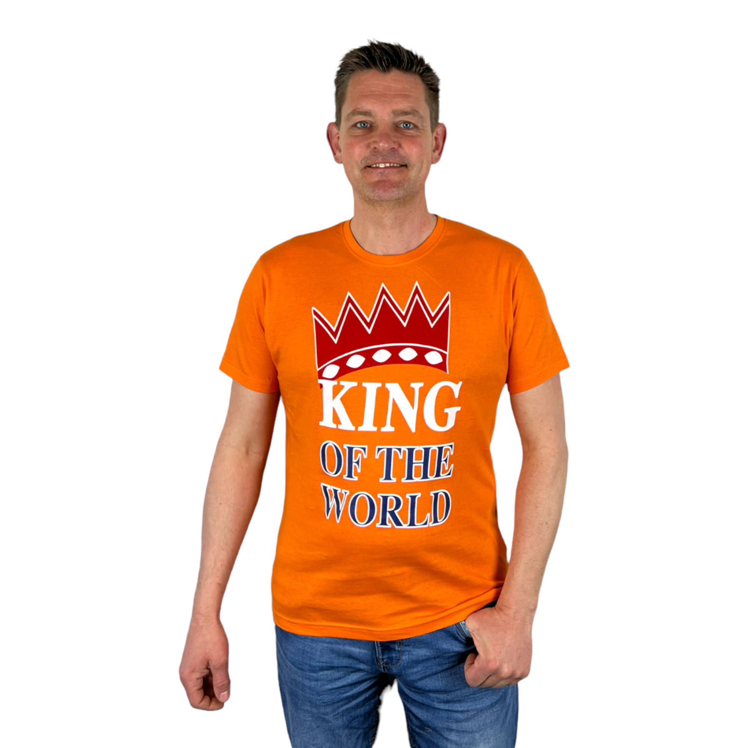 Oranje Heren T-Shirt - King Of The World - Voor Koningsdag - Holland - Formule 1 - EK/WK Voetbal - Maat L