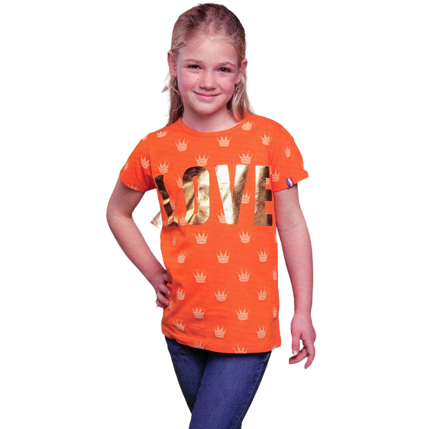 Oranje Meisjes T-shirt - Love - Kroontjes - Voor Koningsdag - Holland - Maat: 86/92