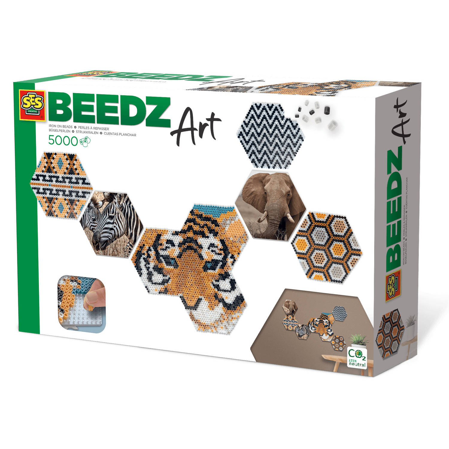 SES Beedz Art - Hex tiles Safari - 5000 strijkkralen - collage met strijkkralen en foto's - complete set met grondplaten en fotostickers