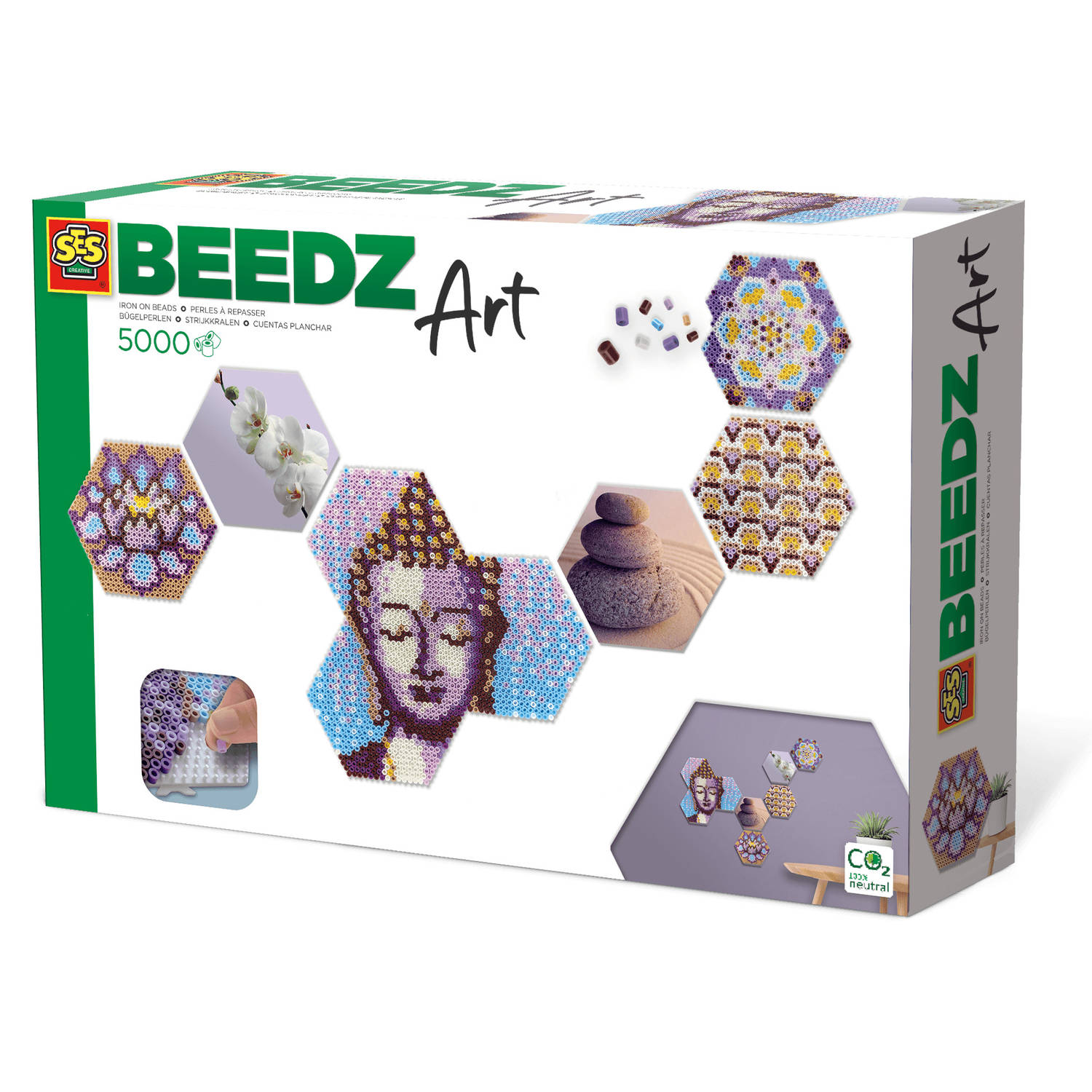 SES Beedz Art - Hex tiles Zen - 5000 strijkkralen - collage met strijkkralen en foto's - complete set met grondplaten en fotostickers