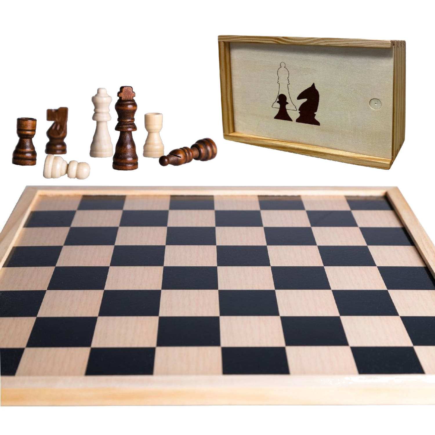Houten schaakbord/dambord 40 x 40 cm met 32x stuks schaakstukken in opbergkistje - Schaken en dammen