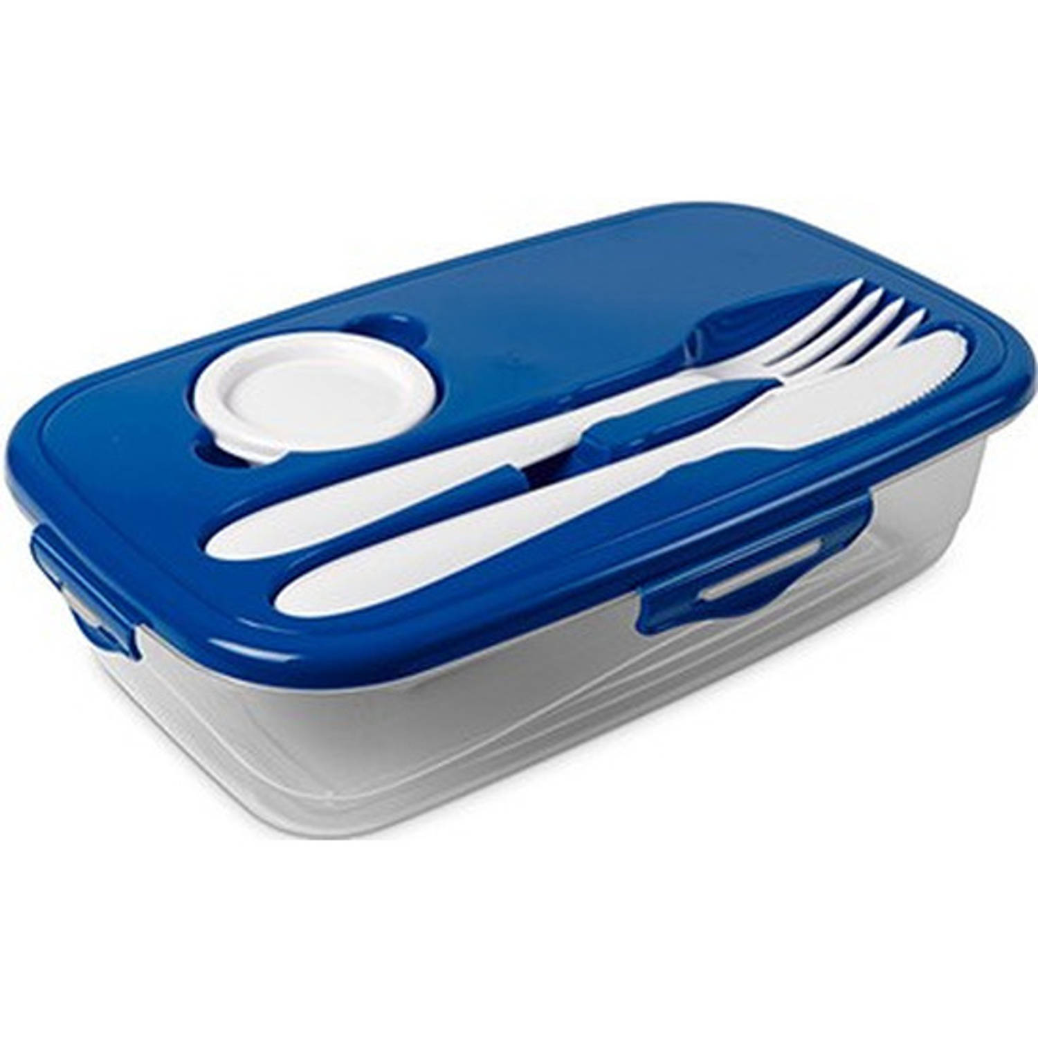 1x Voedsel Plastic Bewaarbakje 1 Liter Transparant-blauw Met Bestek En Dressingbakje Lunchboxen