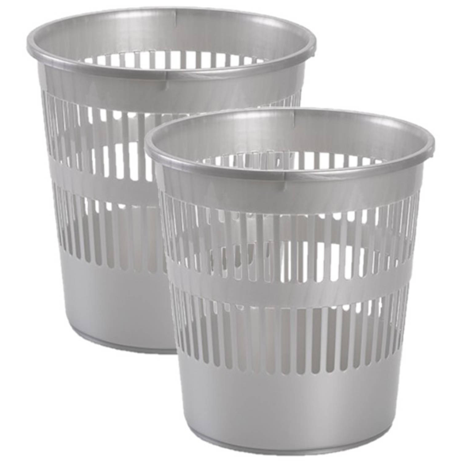 2x Stuks Afvalbakken-vuilnisbakken-kantoorprullenbakken Plastic Zilver-grijs 28 Cm Prullenmanden