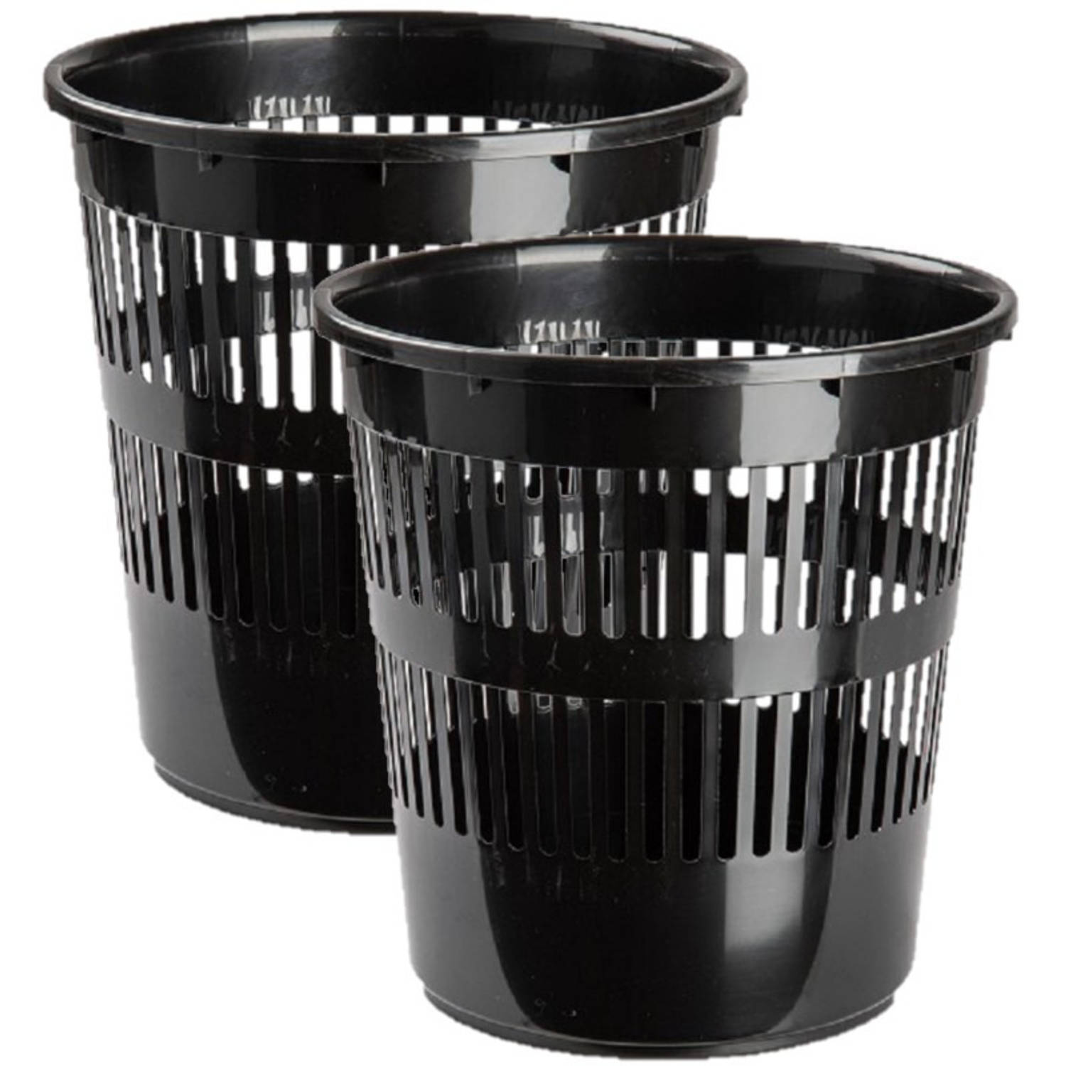 2x stuks afvalbakken/vuilnisbakken/kantoorprullenbakken plastic zwart 28 cm - Prullenmanden