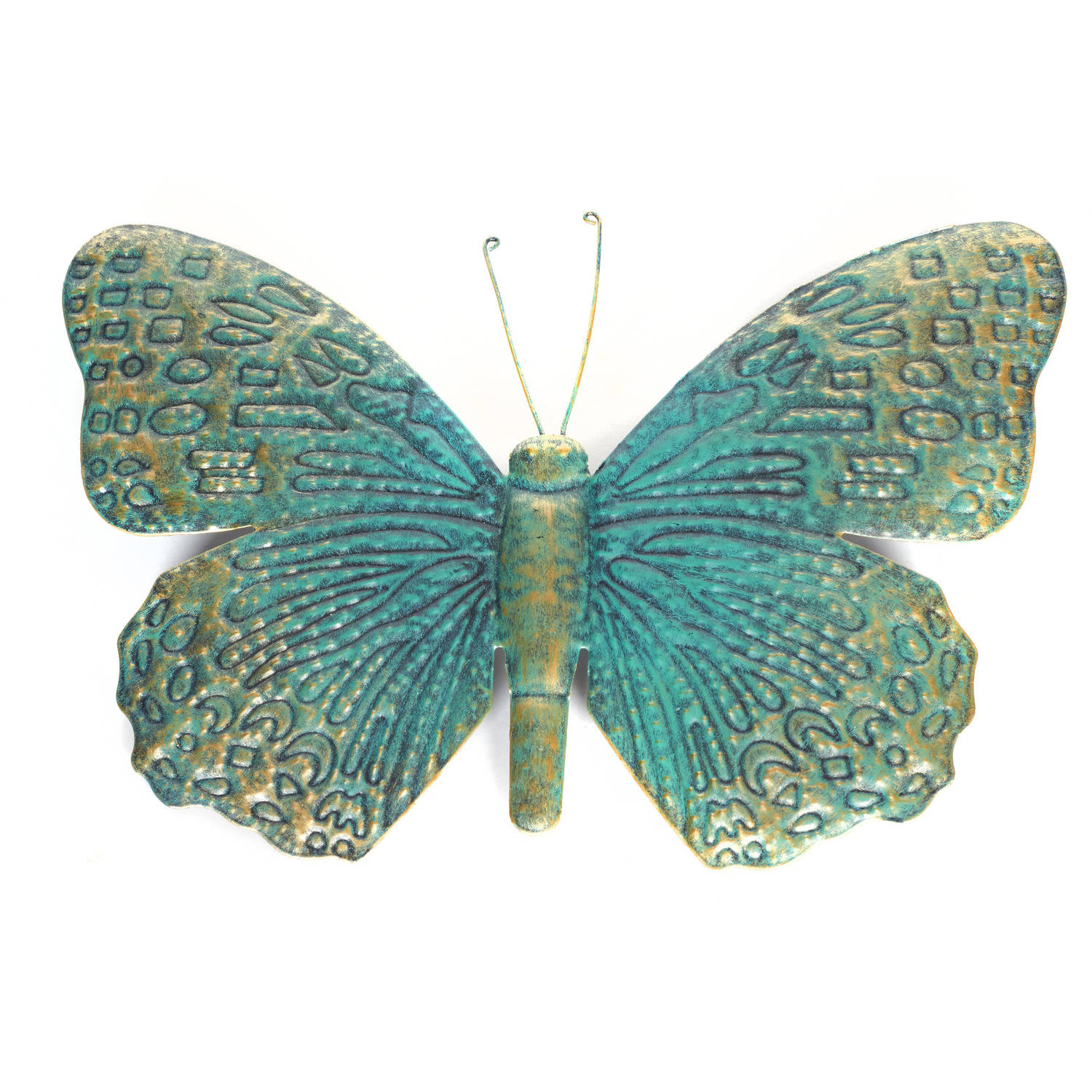 1x Tuindecoratie Vlinder Van Metaal Turquoise-goud 31 Cm Tuinbeelden