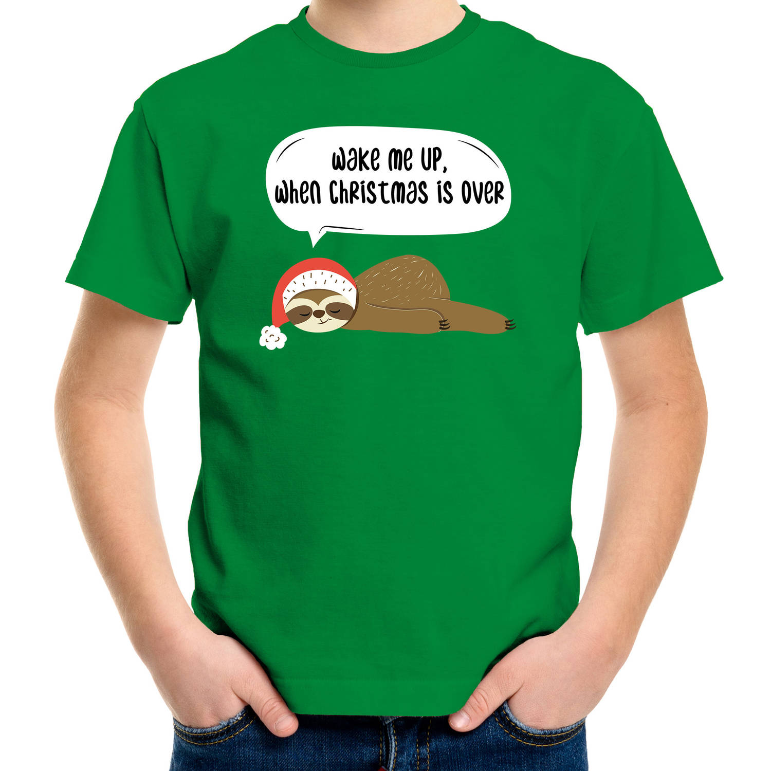 Groen Kerst shirt/ Kerstkleding met luiaard Wake me up when christmas is over voor kinderen S (110-116) - kerst t-shirts