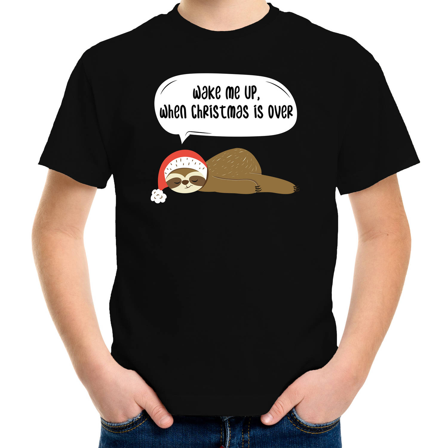 Zwart Kerst shirt/ Kerstkleding met luiaard Wake me up when christmas is over voor kinderen XS (104-110) - kerst t-shirt