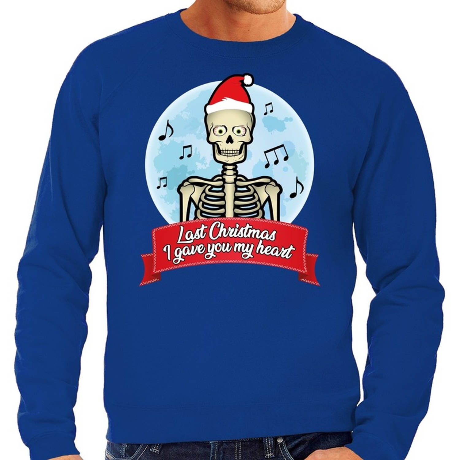 Foute kerstborrel trui / kersttrui Last Christmas I gave you my heart skelet blauw voor heren XL (54) - kerst truien