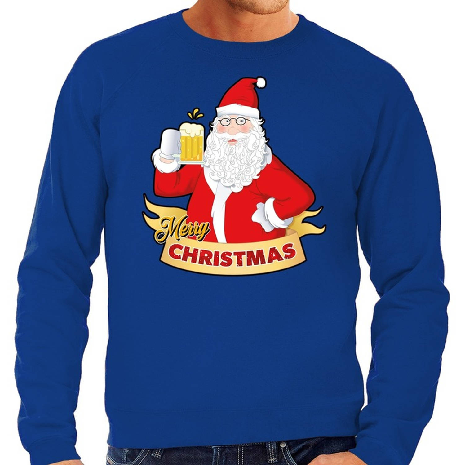 Foute kerstborrel trui / kersttrui Merry Christmas kerstman met een peul bier / biertje blauw voor heren 2XL (56) - kers