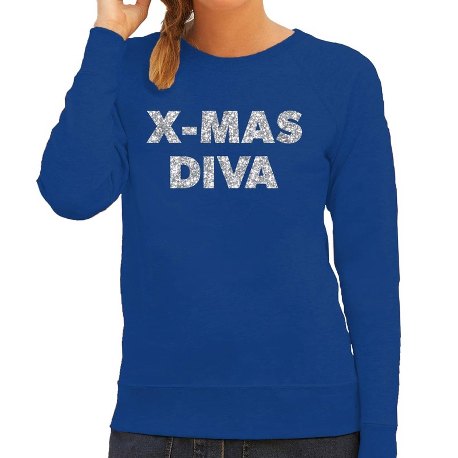 Foute kerstborrel trui / kersttrui Christmas Diva zilver / blauw dames L (40) - kerst truien