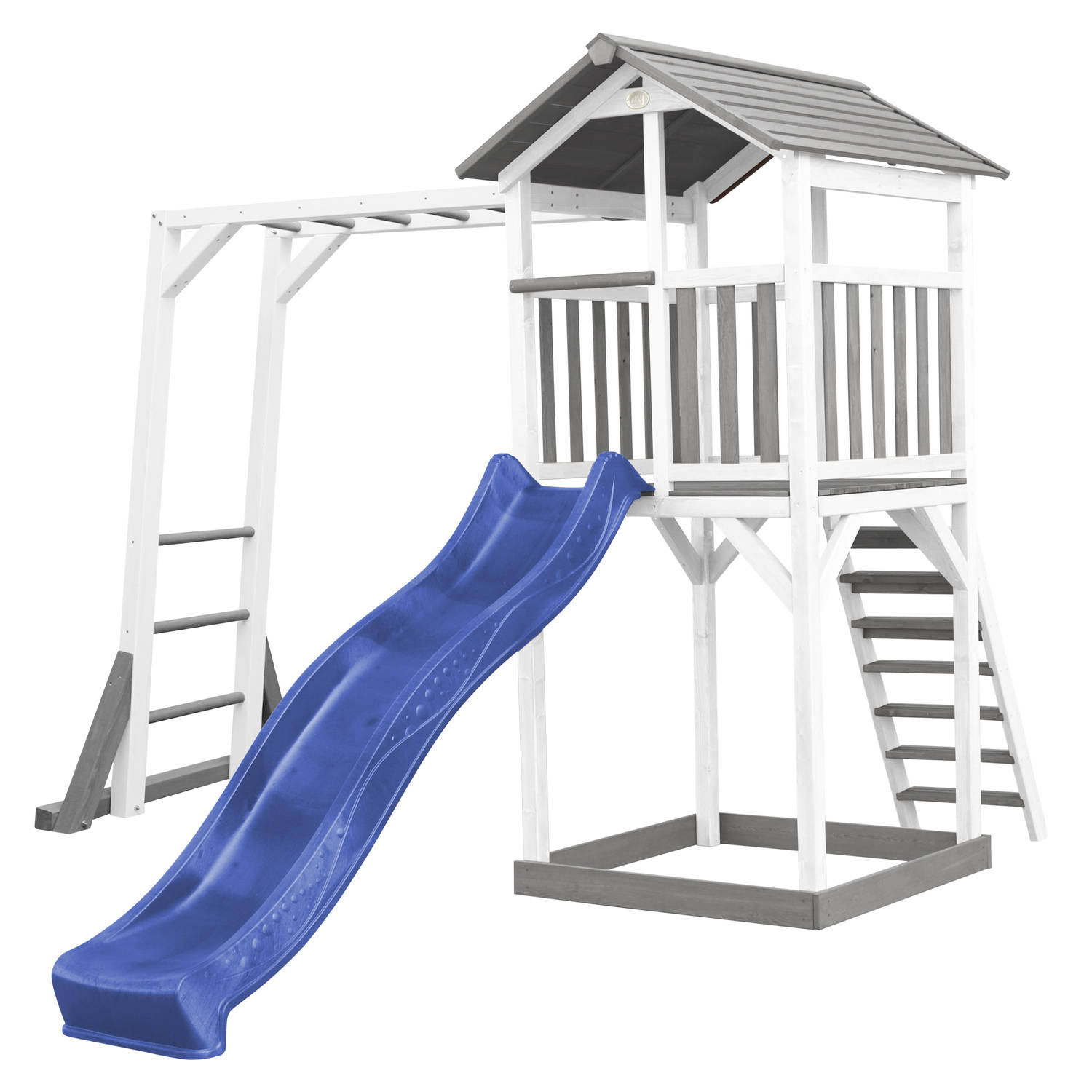 AXI Beach Tower Speeltoestel van hout in Grijs en Wit Speeltoren met zandbak, klimrek en blauwe glijbaan