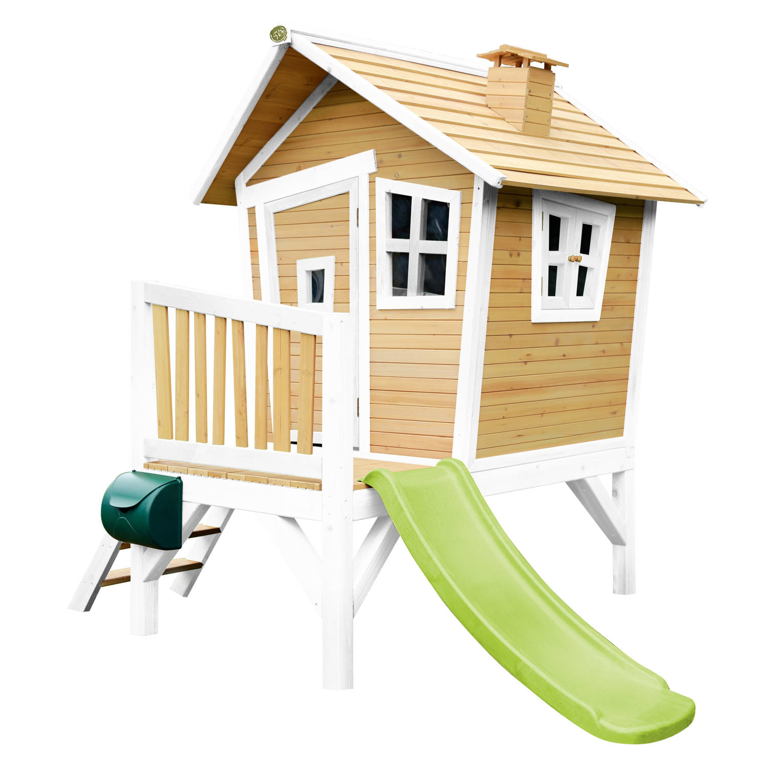 AXI Robin Speelhuis op palen & limoen groene glijbaan Speelhuisje voor de tuin / buiten in bruin & wit van FSC hout