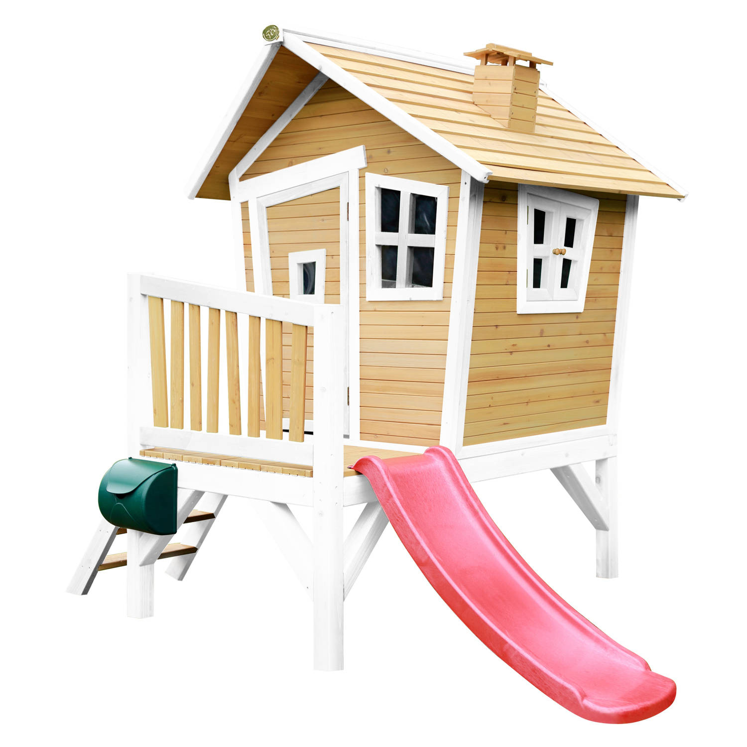 AXI Robin Speelhuis op palen & rode glijbaan Speelhuisje voor de tuin / buiten in bruin & wit van FSC hout