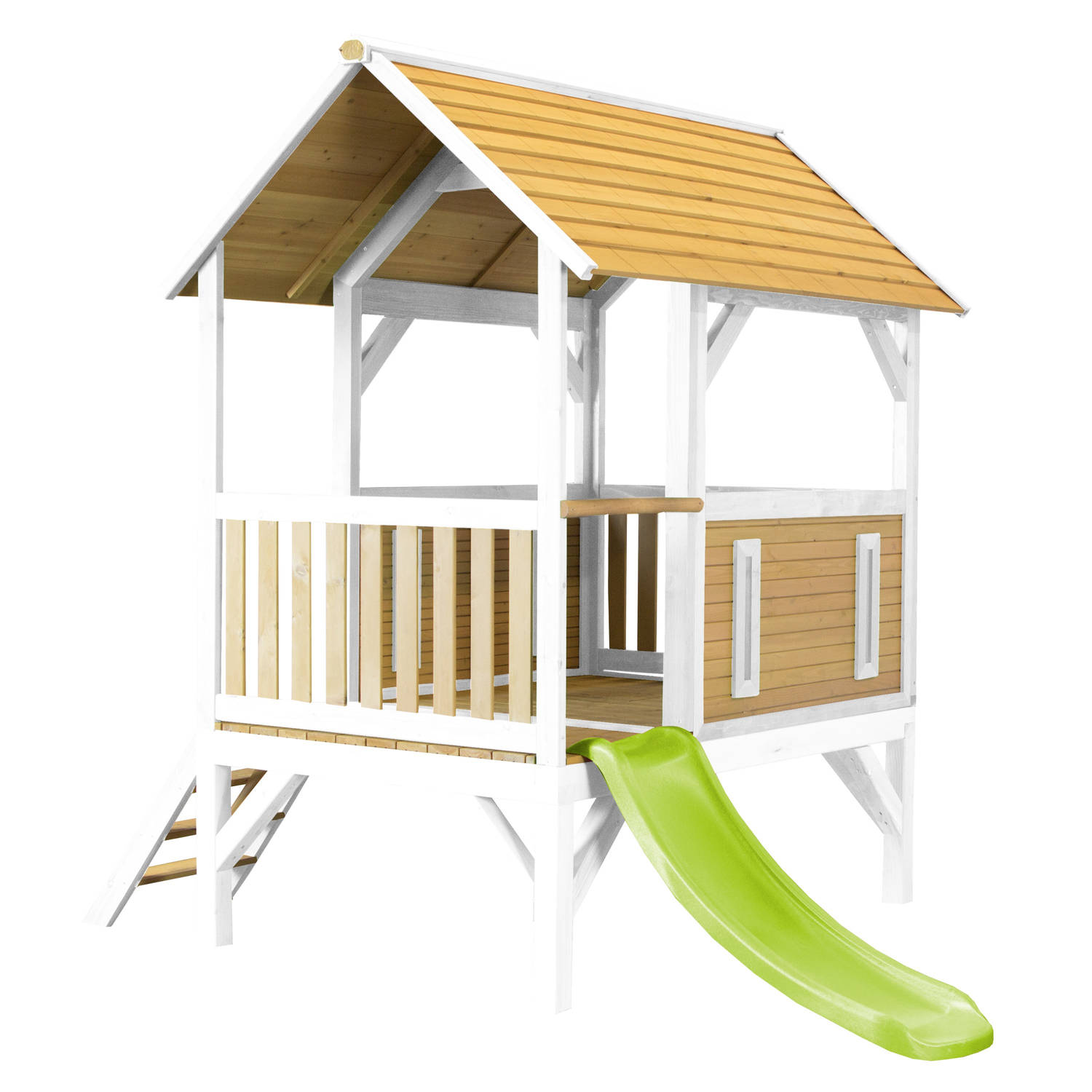 AXI Akela Speelhuis op palen & limoen groene glijbaan Speelhuisje voor de tuin / buiten in bruin & wit van FSC hout