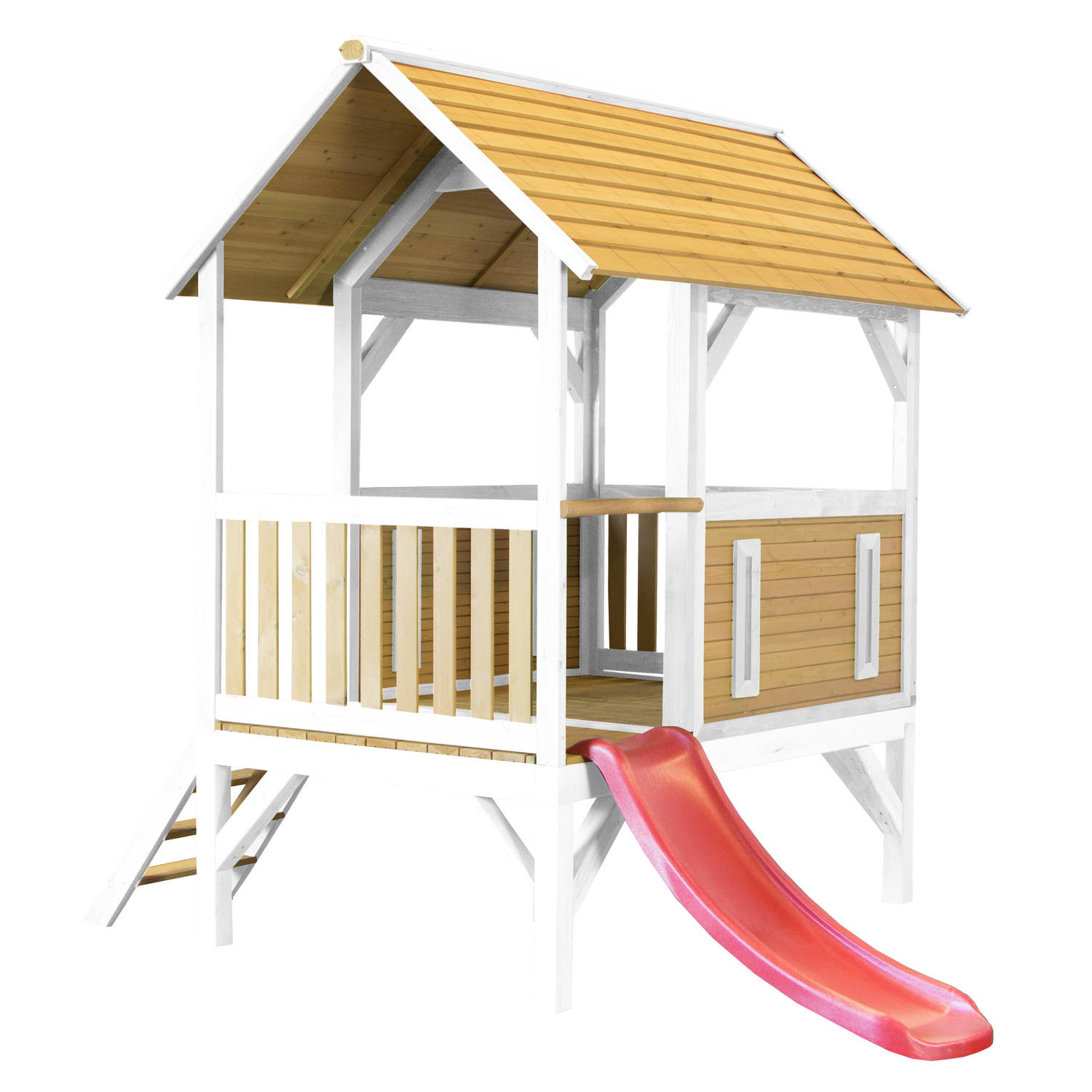 AXI Akela Speelhuis op palen & rode glijbaan Speelhuisje voor de tuin / buiten in bruin & wit van FSC hout