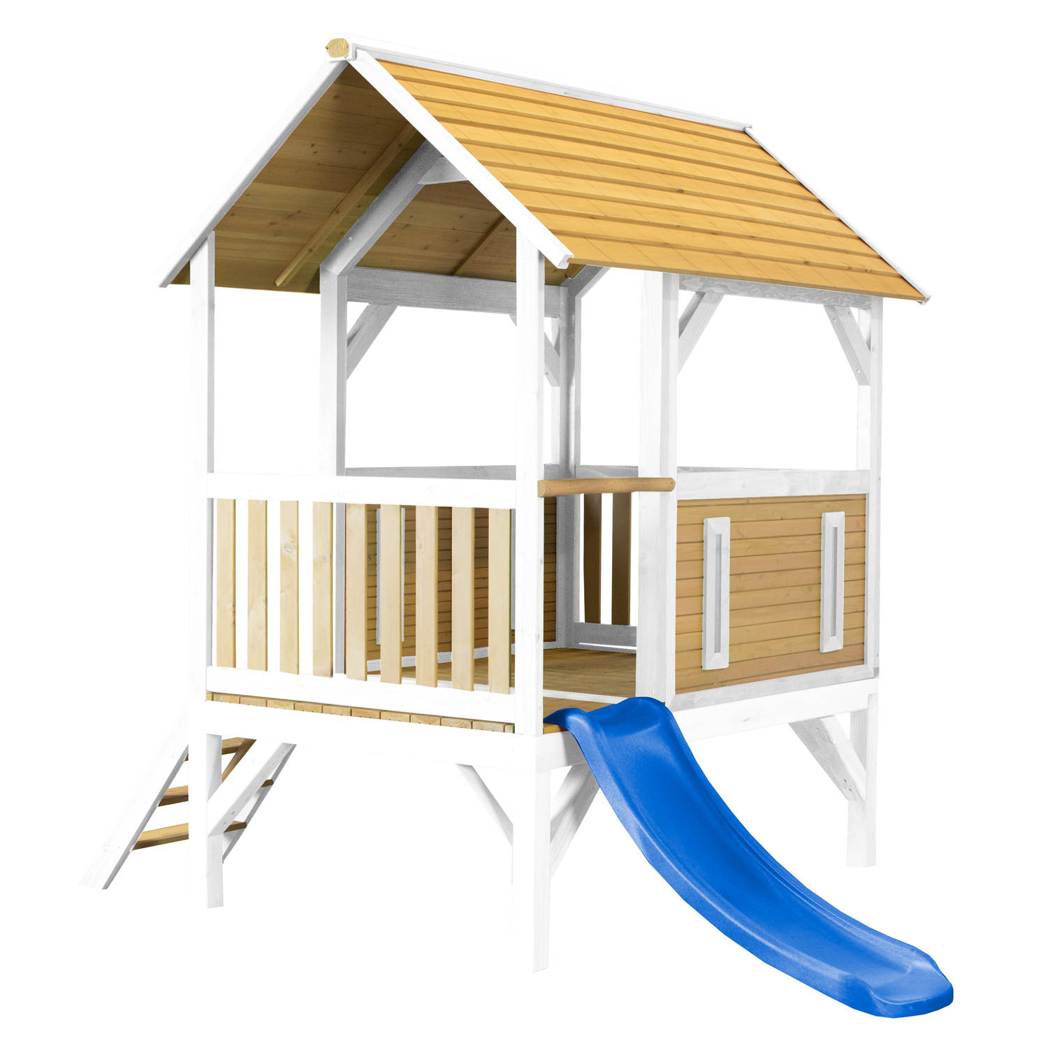 AXI Akela Speelhuis op palen & blauwe glijbaan Speelhuisje voor de tuin / buiten in bruin & wit van FSC hout