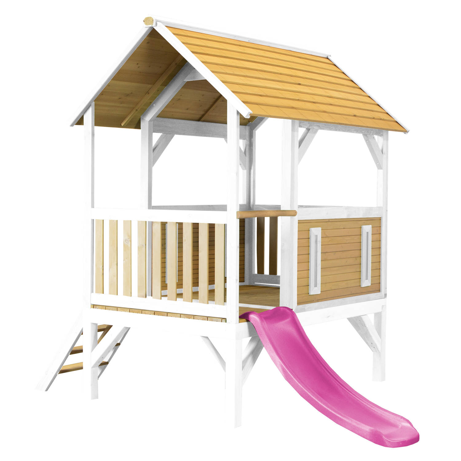 AXI Akela Speelhuis in Bruin/Wit - Paarse Glijbaan - Speelhuisje voor de tuin / buiten - FSC hout - Speeltoestel voor kinderen