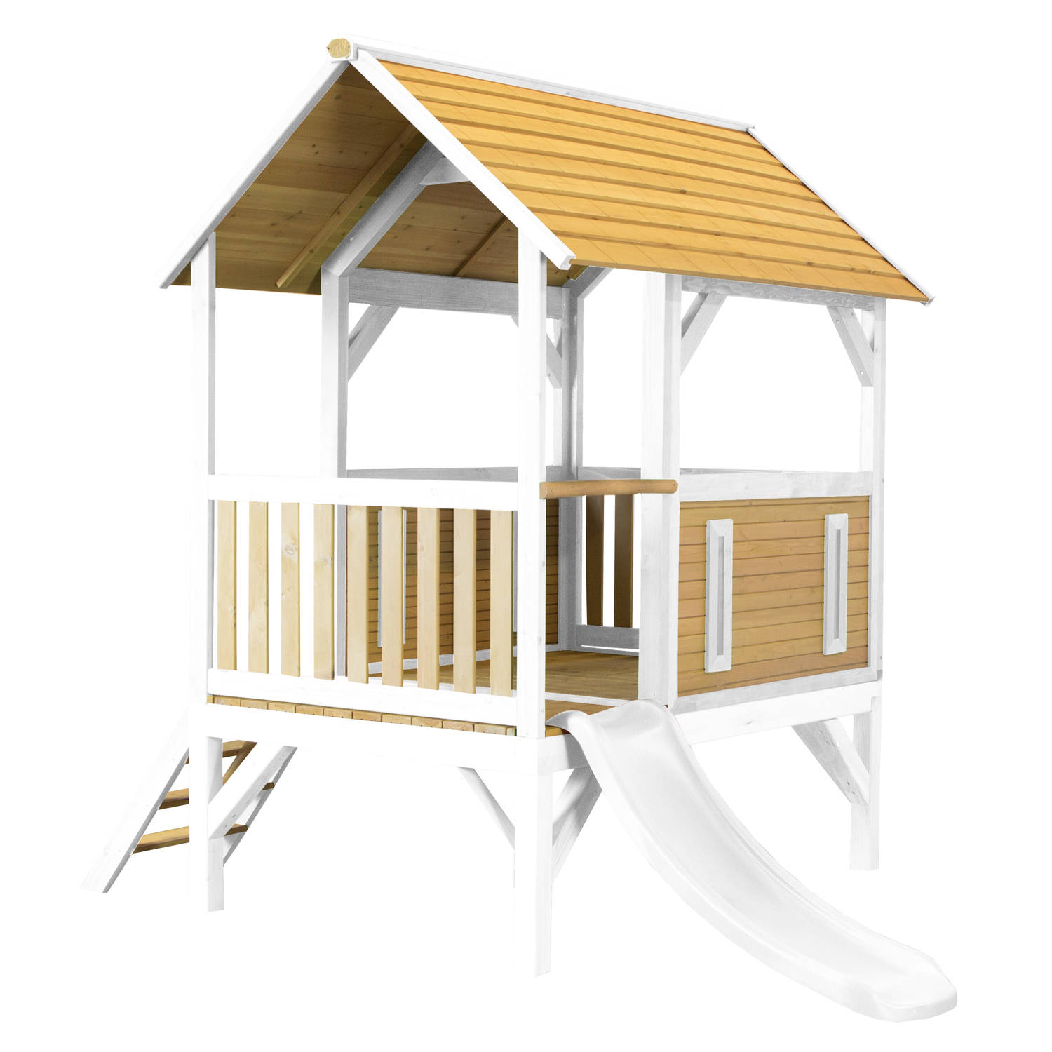 AXI Akela Speelhuis op palen & witte glijbaan Speelhuisje voor de tuin / buiten in bruin & wit van FSC hout