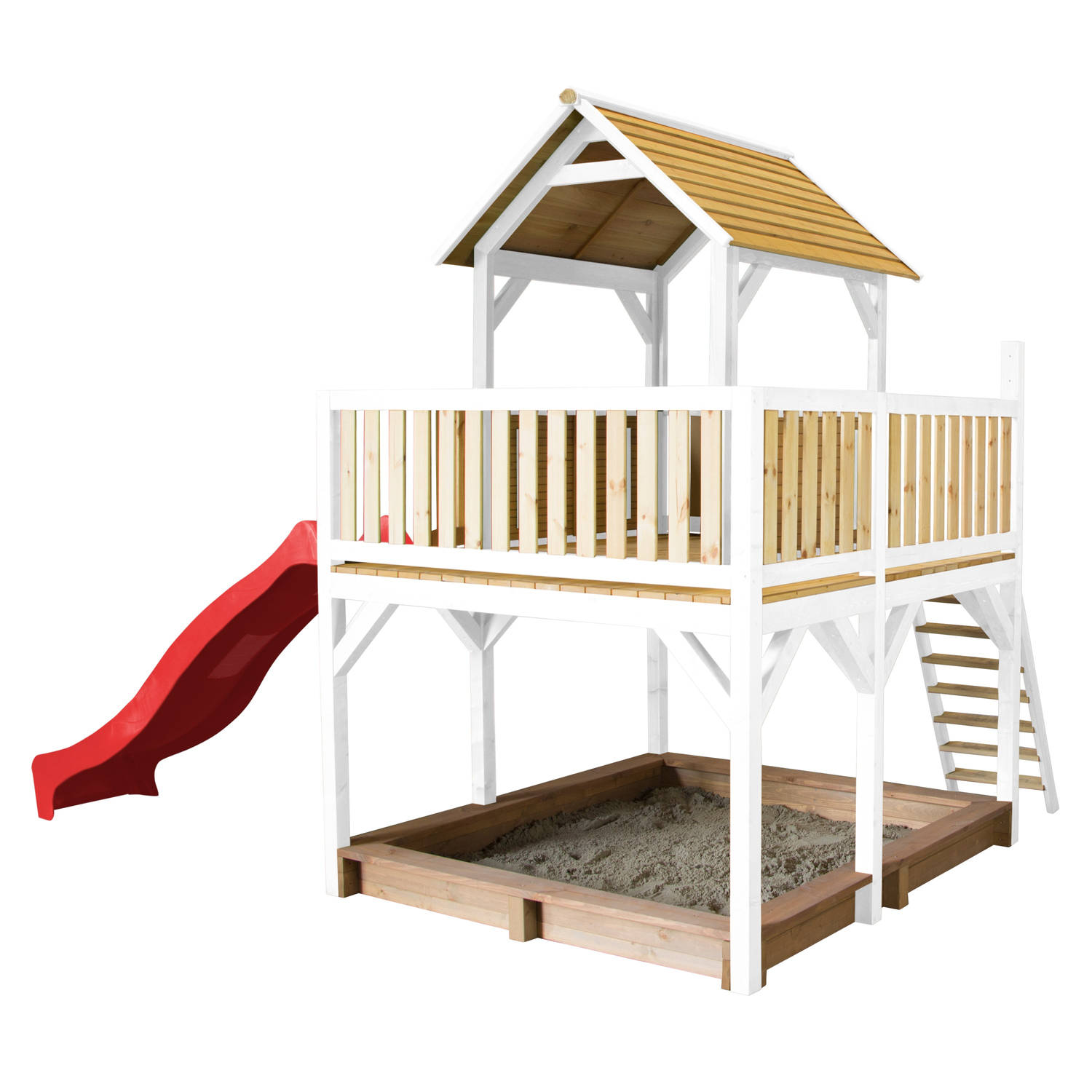 AXI Atka Speelhuis op palen, zandbak & rode glijbaan Speelhuisje voor de tuin / buiten in bruin & wit van FSC hout
