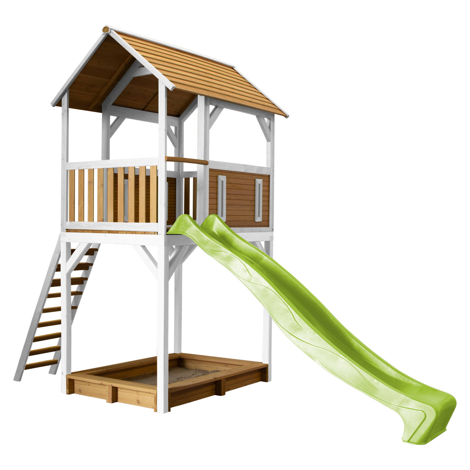 AXI Dory Speelhuis op palen, zandbak & limoen groene glijbaan Speelhuisje voor de tuin / buiten in bruin & wit van FSC
