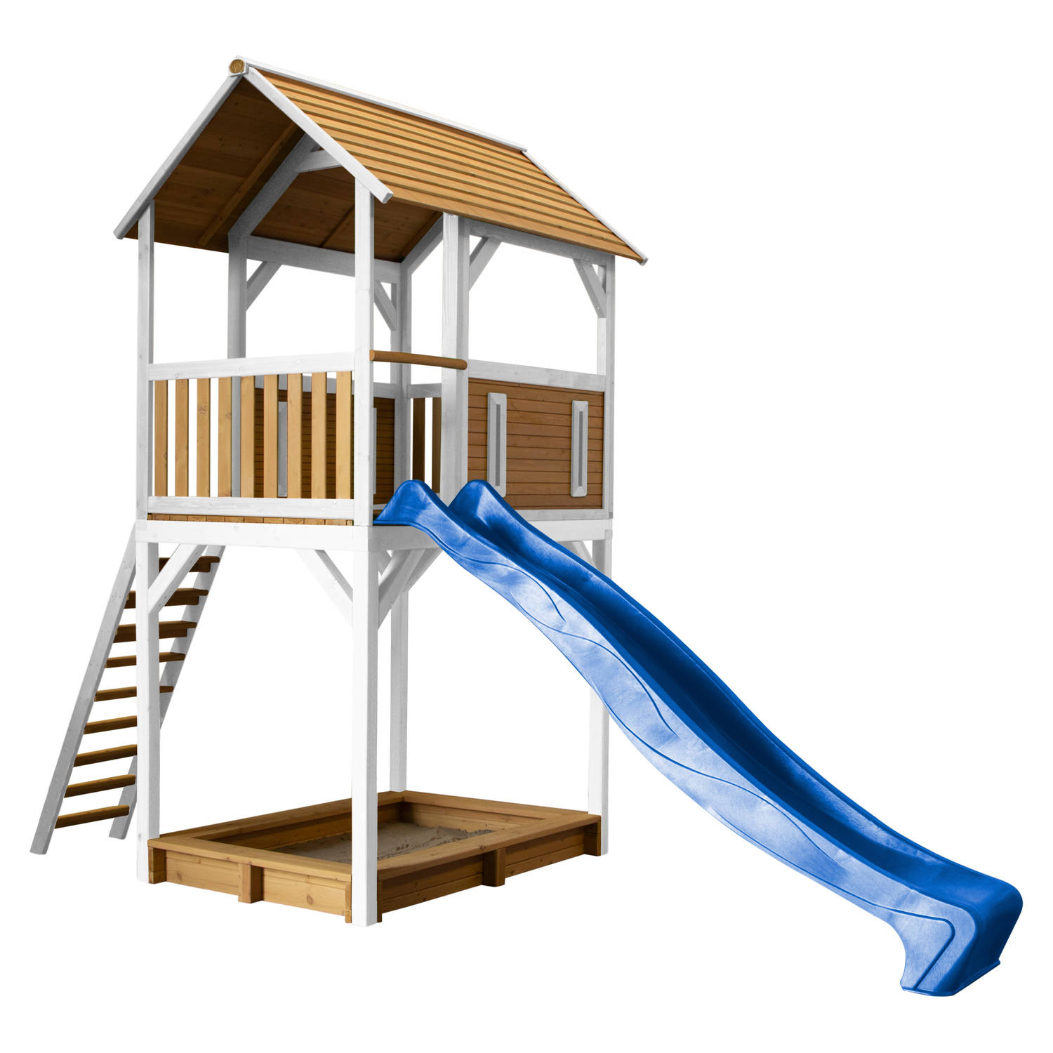 AXI Dory Speelhuis op palen, zandbak & blauwe glijbaan Speelhuisje voor de tuin / buiten in bruin & wit van FSC hout