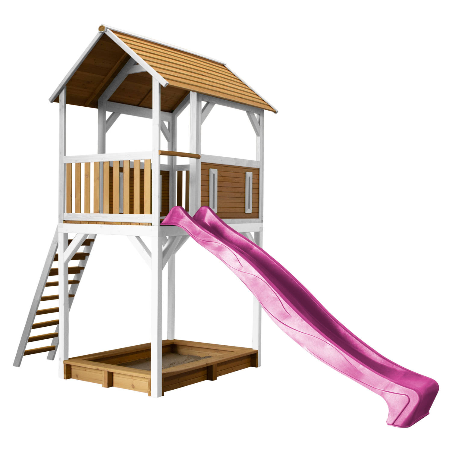 AXI Dory Speelhuis op palen, zandbak & paarse glijbaan Speelhuisje voor de tuin / buiten in bruin & wit van FSC hout