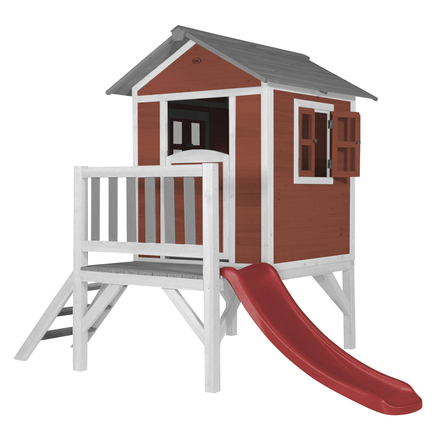 AXI Speelhuis Beach Lodge XL Rood met rode glijbaan Speelhuis op palen met veranda gemaakt van FSC hout