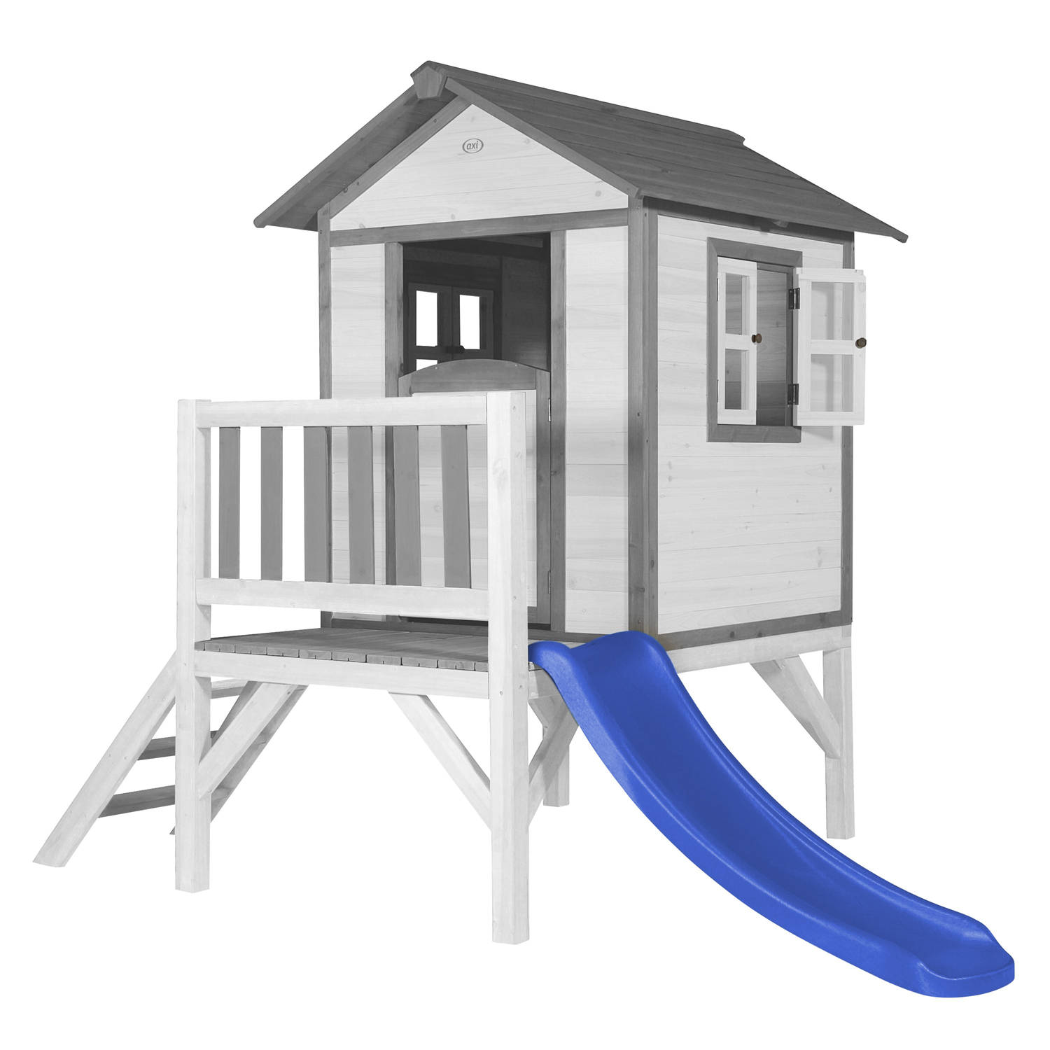 AXI Speelhuis Beach Lodge XL Wit met blauwe glijbaan Speelhuis op palen met veranda gemaakt van FSC hout