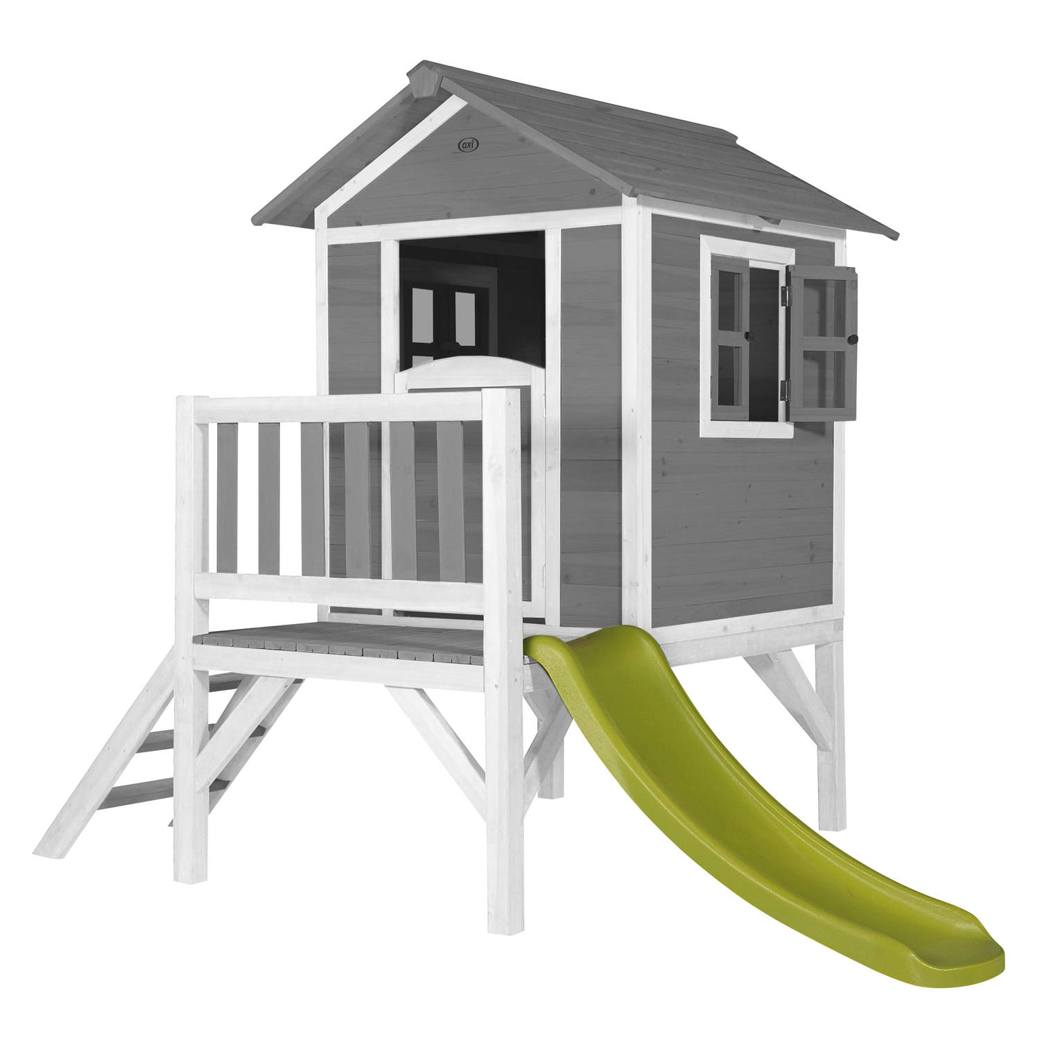 AXI Speelhuis Beach Lodge XL Grijs met limoen groene glijbaan Speelhuis op palen met veranda gemaakt van FSC hout