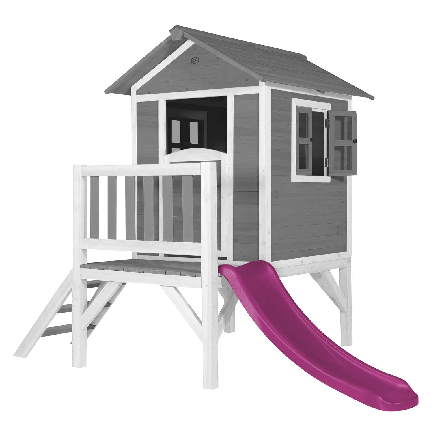 AXI Beach Lodge XL Speelhuis in Grijs met Paarse Glijbaan - Speelhuis op palen met veranda gemaakt - FSC hout - Klein speeltoestel voor de tuin