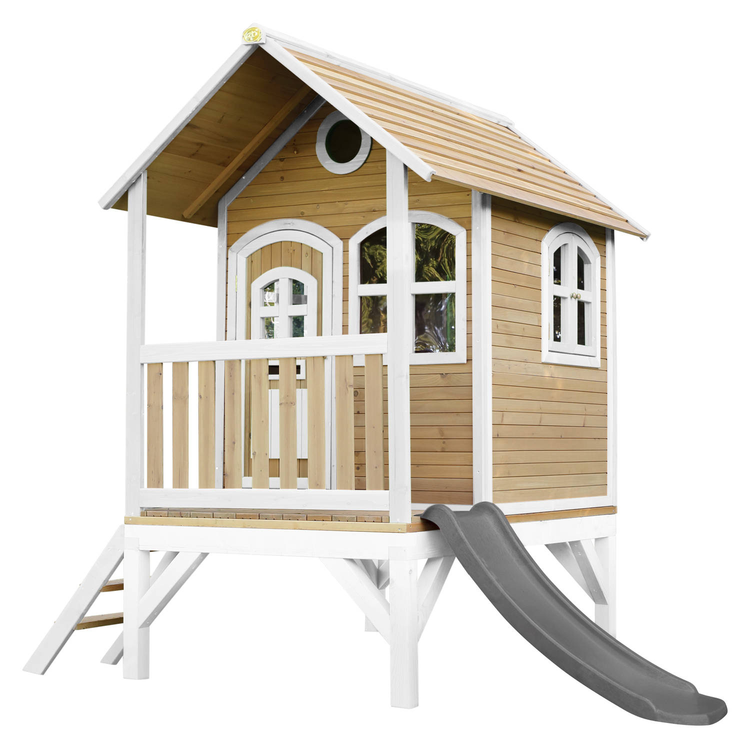 AXI Tom Speelhuis op palen & grijze glijbaan Speelhuisje voor de tuin / buiten in bruin & wit van FSC hout