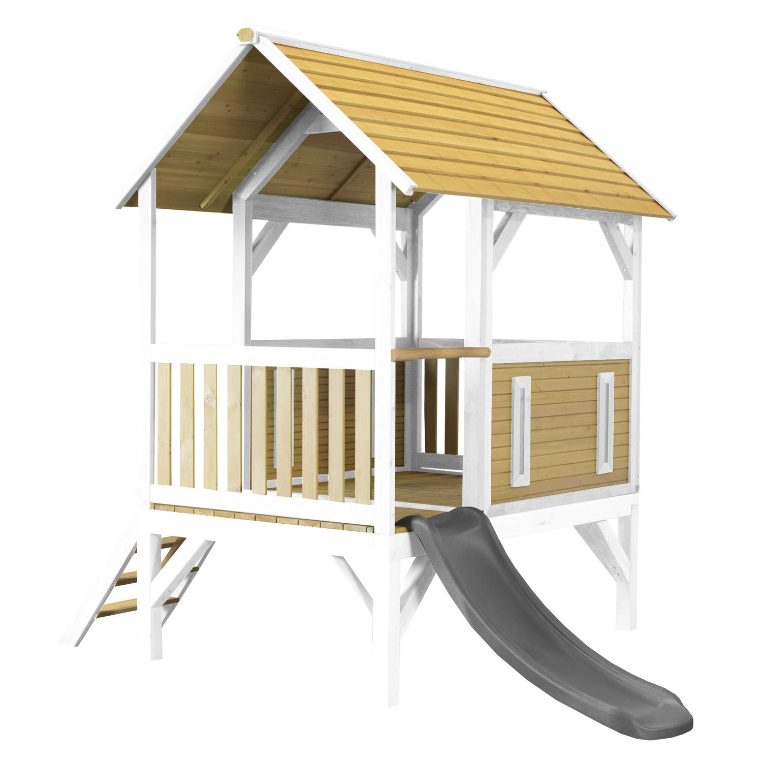 AXI Akela Speelhuis op palen & grijze glijbaan Speelhuisje voor de tuin / buiten in bruin & wit van FSC hout