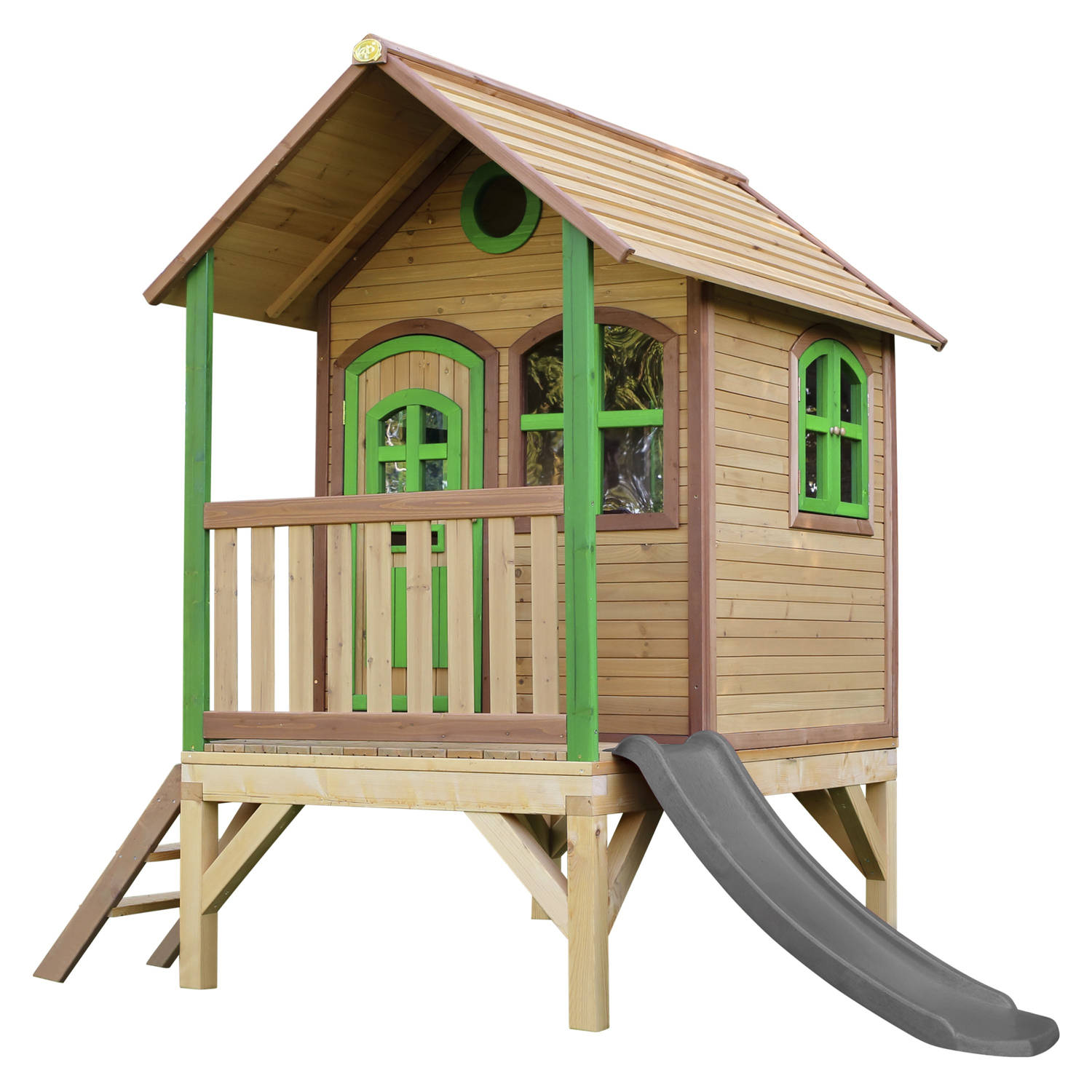 AXI Tom Speelhuis op palen & grijze glijbaan Speelhuisje voor de tuin / buiten in bruin & groen van FSC hout