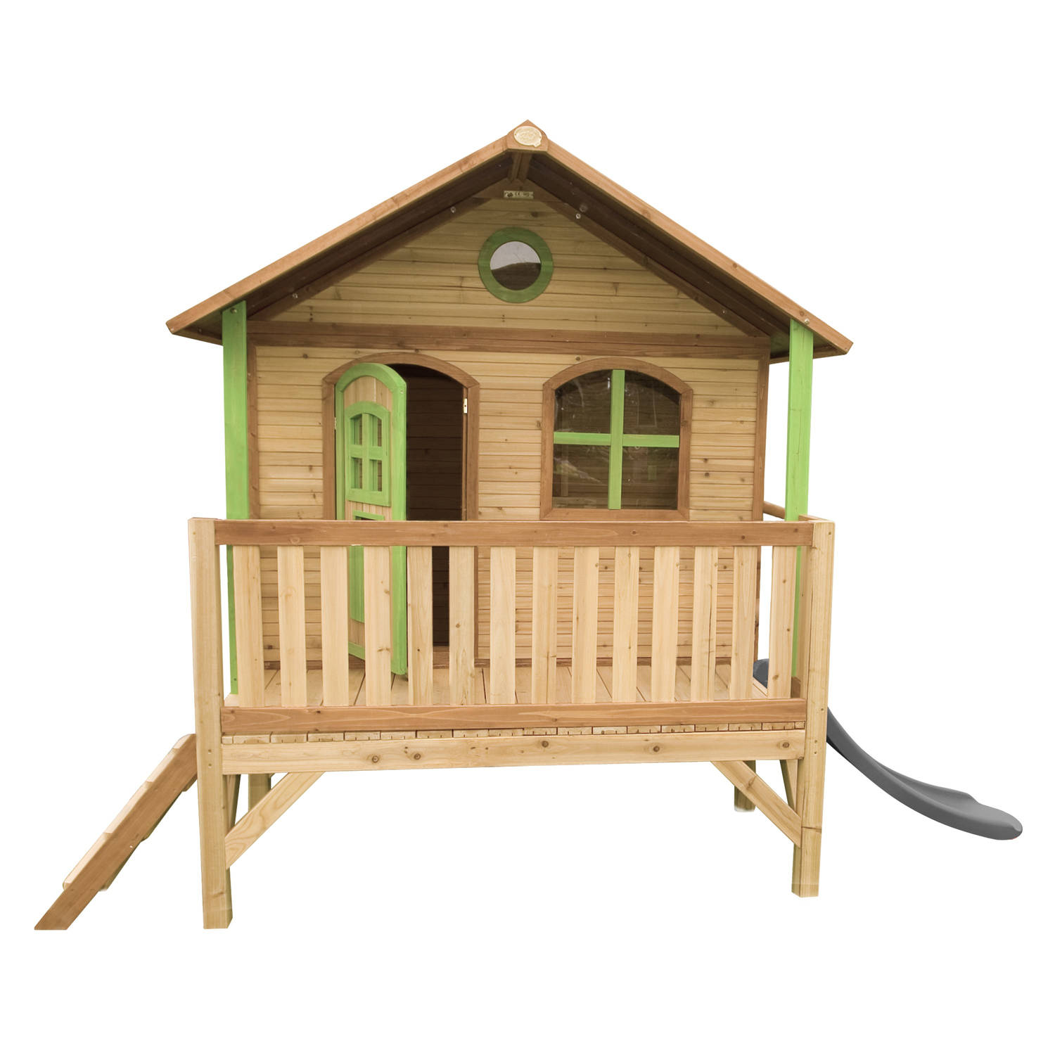 AXI Stef Speelhuis op palen & grijze glijbaan Speelhuisje voor de tuin / buiten in bruin & groen van FSC hout