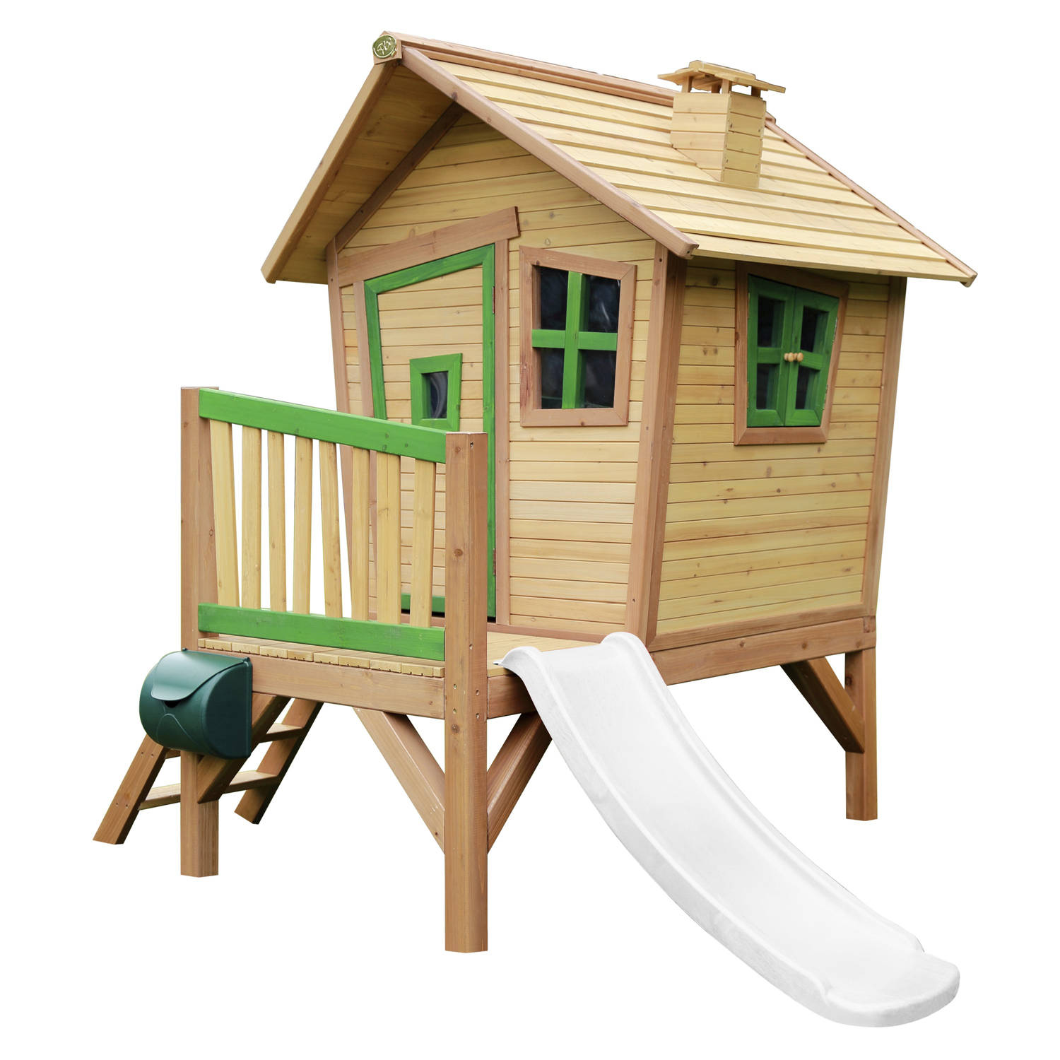 AXI Robin Speelhuis op palen & witte glijbaan Speelhuisje voor de tuin / buiten in bruin & groen van FSC hout