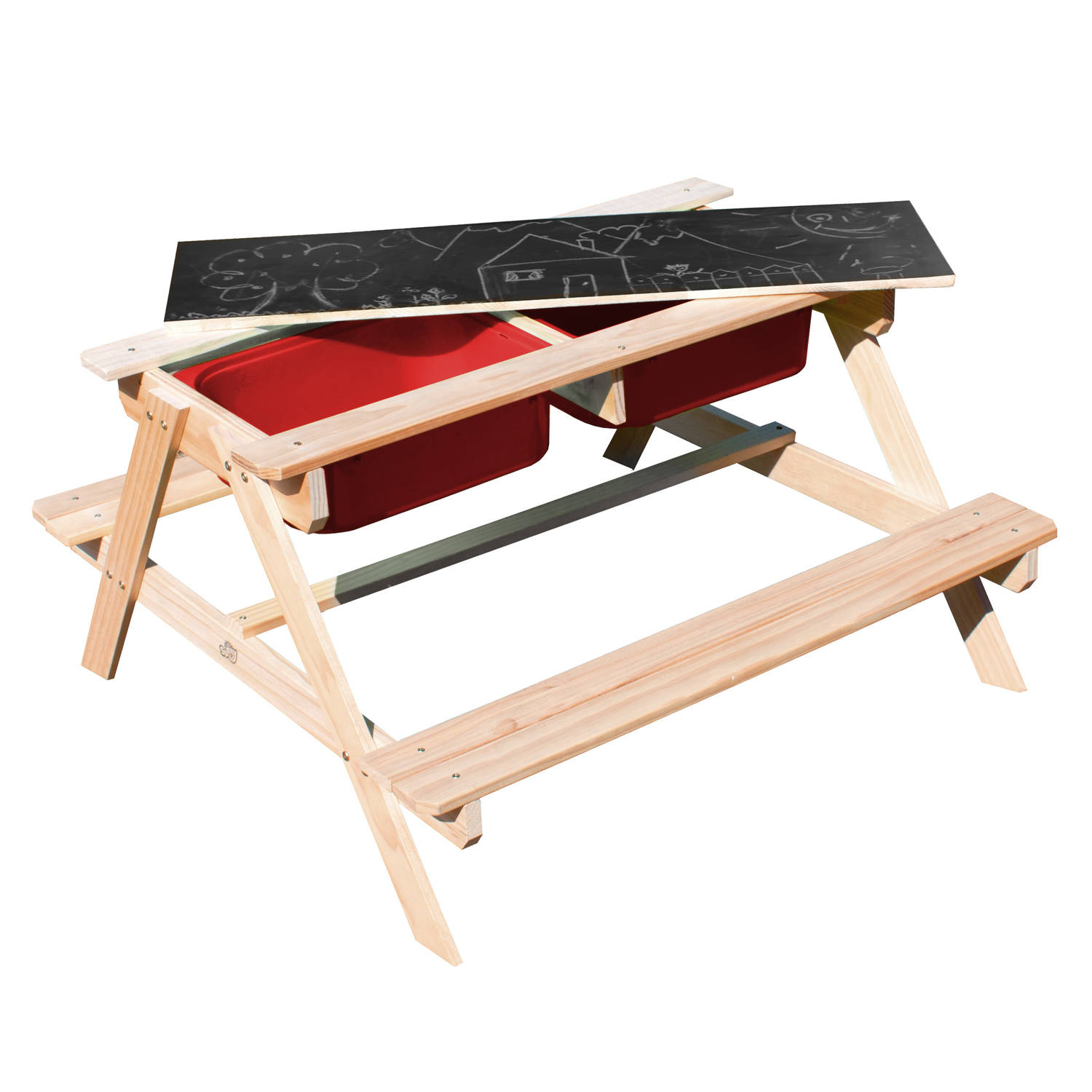 Sunny Dual Top 2.0 kinder- en waterpicknicktafel van FSC-hout, waterspeeltafel en zandtafel met deksel en rode