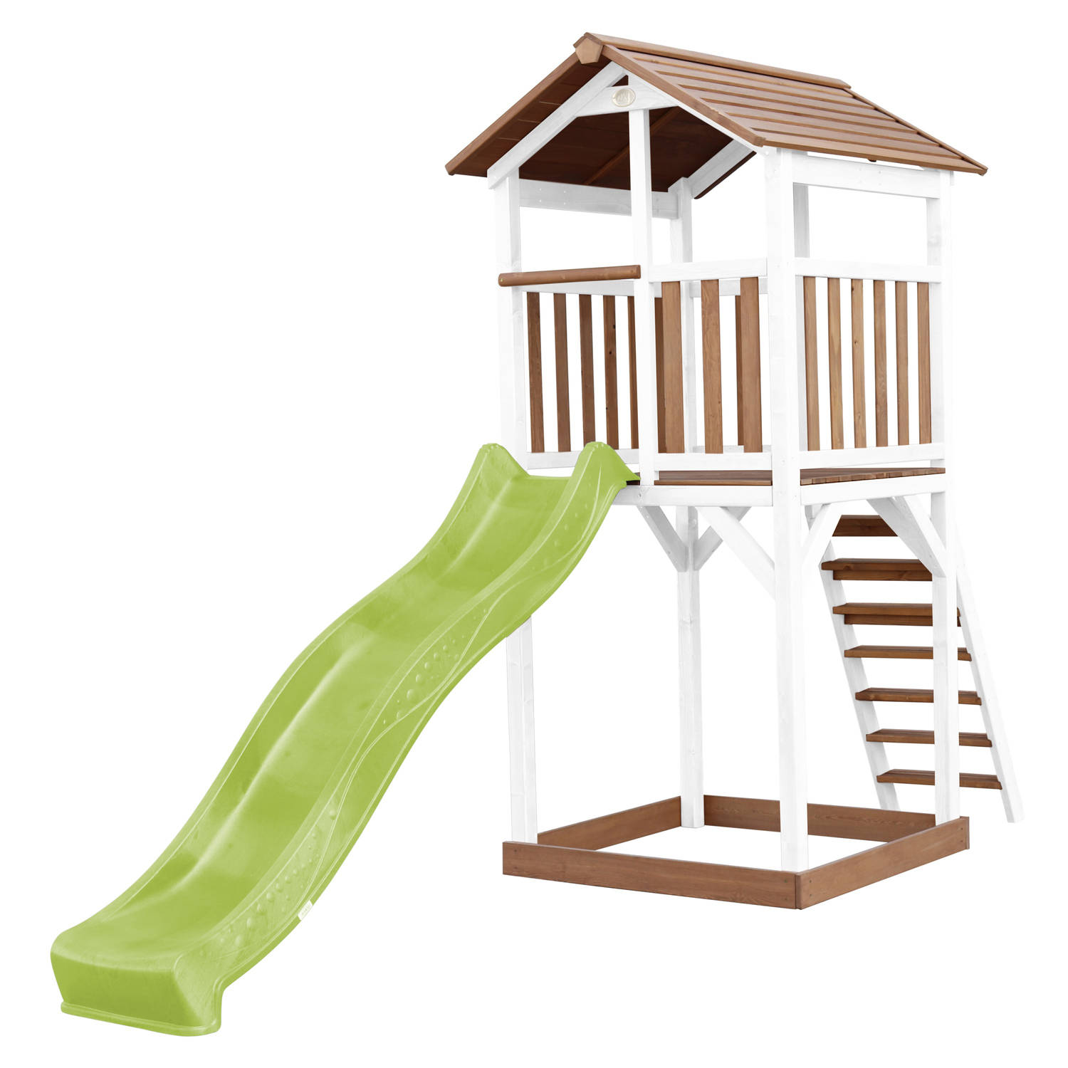 AXI Beach Tower Speeltoestel in Bruin/Wit - Speeltoren met Zandbak en Limoen Groene Glijbaan - FSC hout - Speelhuis op palen voor de tuin
