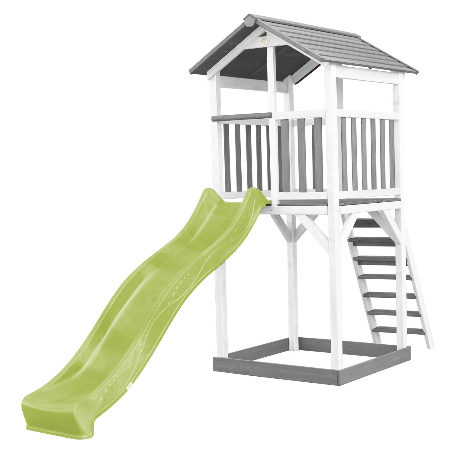 Axi Beach Tower Speeltoestel Van Hout In Grijs En Wit Speeltoren Met Zandbak, En Limoen Groene Glijb
