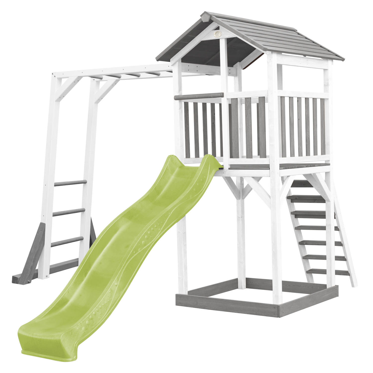AXI Beach Tower Speeltoestel van hout in Grijs en Wit Speeltoren met zandbak, klimrek en limoen groene glijbaan