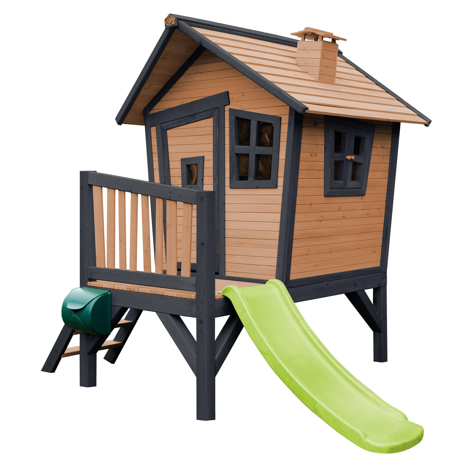 AXI Robin Speelhuis op palen & limoen groene glijbaan Speelhuisje voor de tuin / buiten in antraciet & wit van FSC