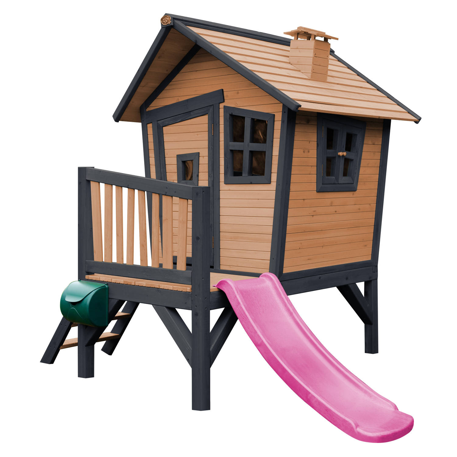AXI Robin Speelhuis in Bruin/Antraciet - Met veranda en Paarse glijbaan - Speelhuisje op palen met veranda - FSC hout - Speeltoestel voor de tuin