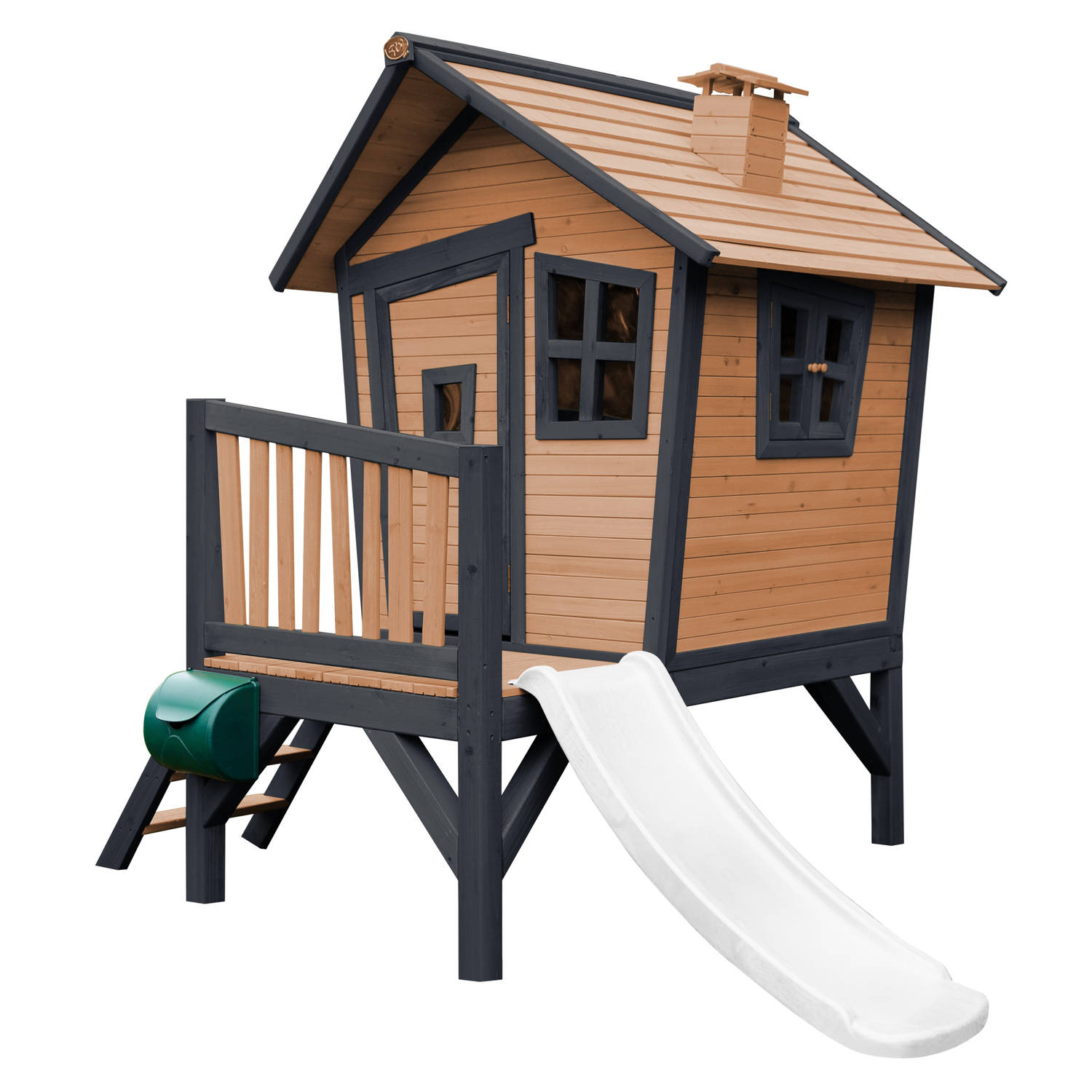 Robin Speelhuis op palen & witte glijbaan Speelhuisje voor de tuin / buiten in antraciet & wit van FSC hout | Blokker