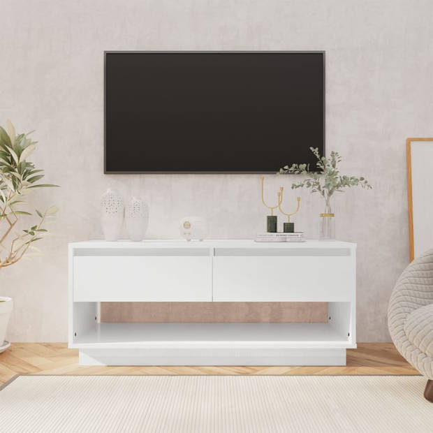 The Living Store TV-meubel - wit hoogglans - 102x41x44 cm - met 2 lades en 1 open vak