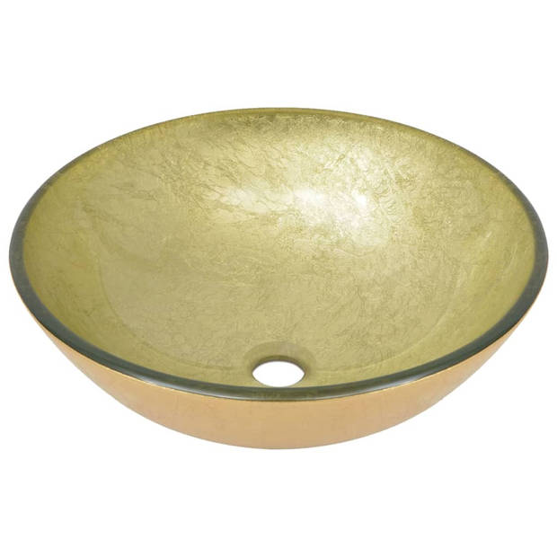 The Living Store Ronde Badkamer Wastafel - Gehard Glas - Goud/Zwart - 42x14 cm - Kraan en Pop-up Afvoer inclusief