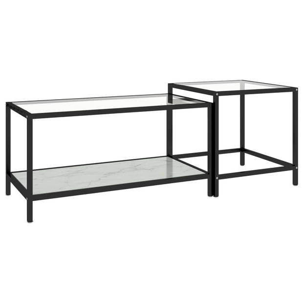 The Living Store Salontafel Set - Industriële stijl - Gehard glas en gepoedercoat staal - Wit - 90x45x45 cm - 50x50x50