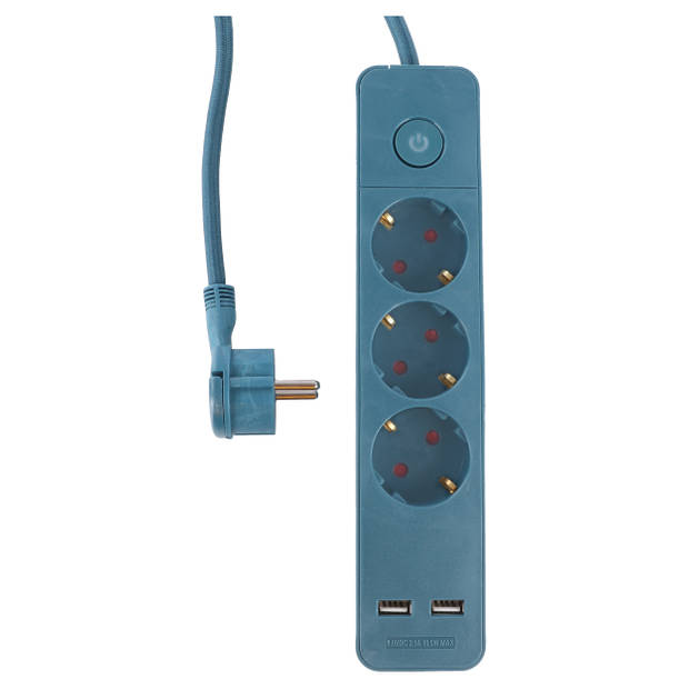 Q-Link Stekkerdoos - 3 voudig met 2x USB ingang - 1,5 meter - blauw