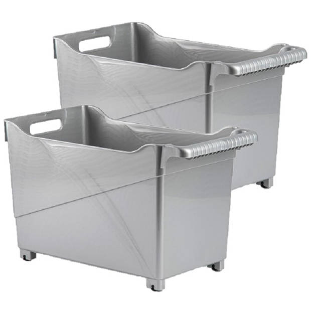 Set van 2x stuks kunststof trolleys zilver op wieltjes L45 x B24 x H27 cm - Opberg trolley