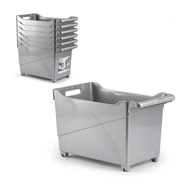 Plasticforte opberg Trolley Container - zilver - op wieltjes - L45 x B24 x H27 cm - kunststof - Opberg trolley